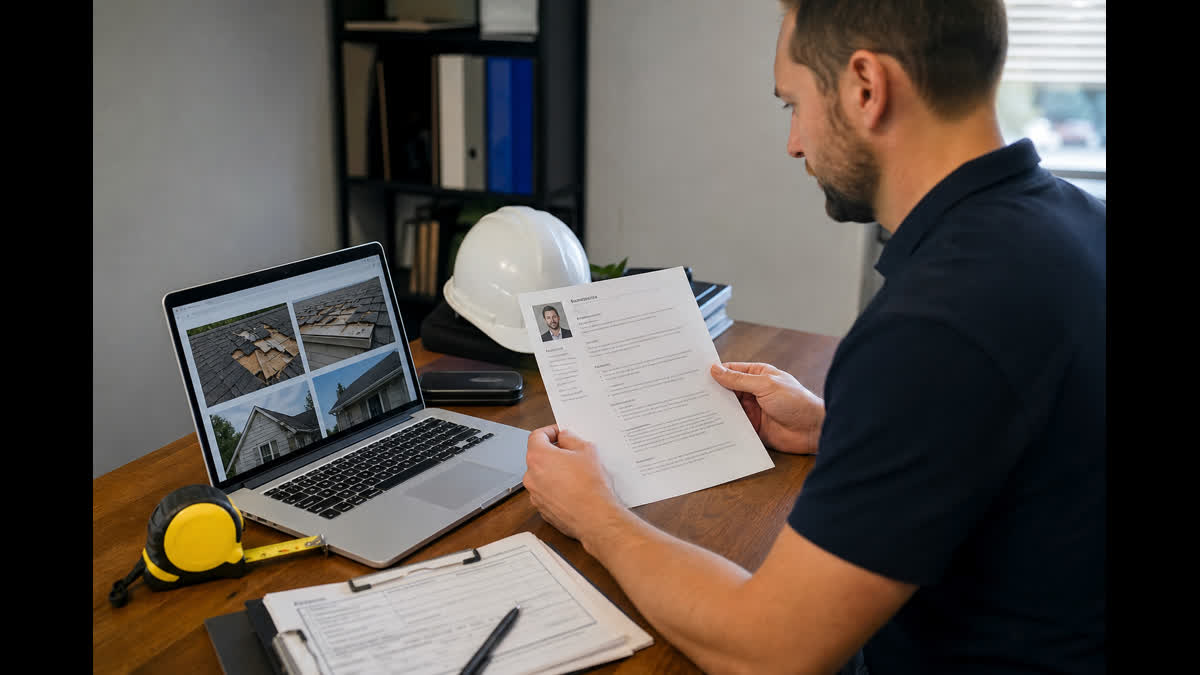 Insurance claims adjuster reviewing a resume beside laptop property damage photos clipboard and measuring tape on office desk