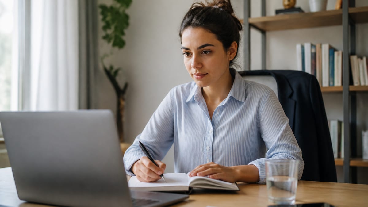 Candidate preparing for a video interview at a tidy home office