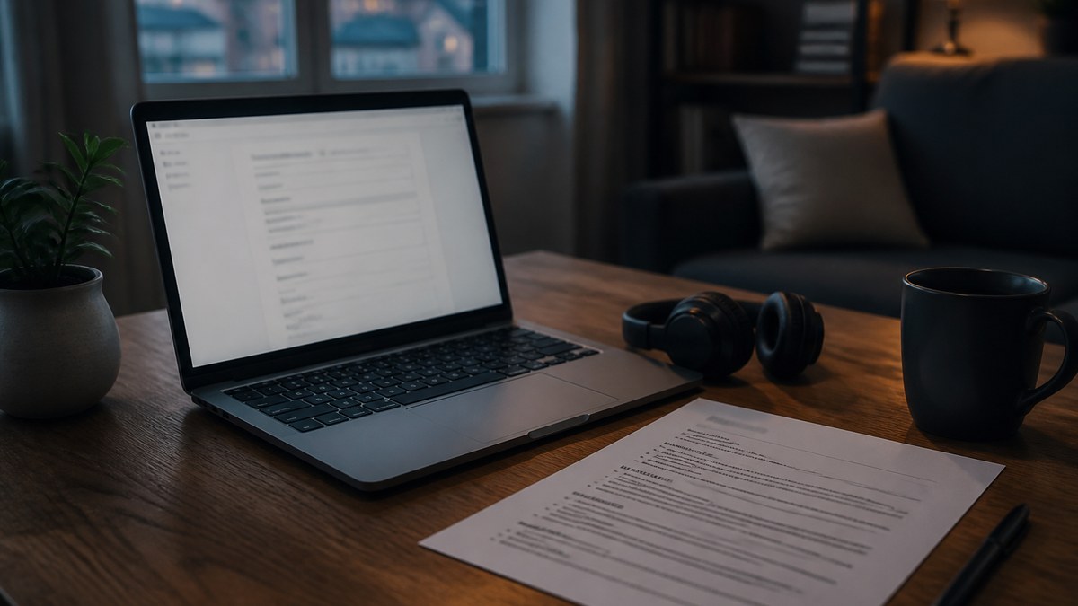 Home office desk with laptop showing a blurred job application and a printed developer resume