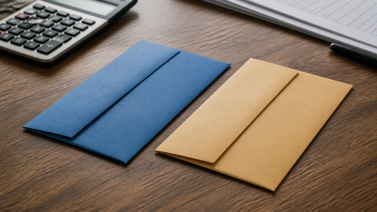 Two pay envelopes side by side on a desk with a calculator