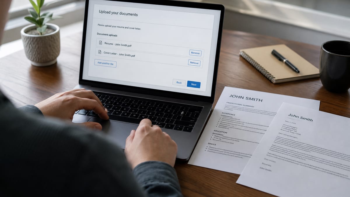 Laptop job application upload with a printed resume and cover letter