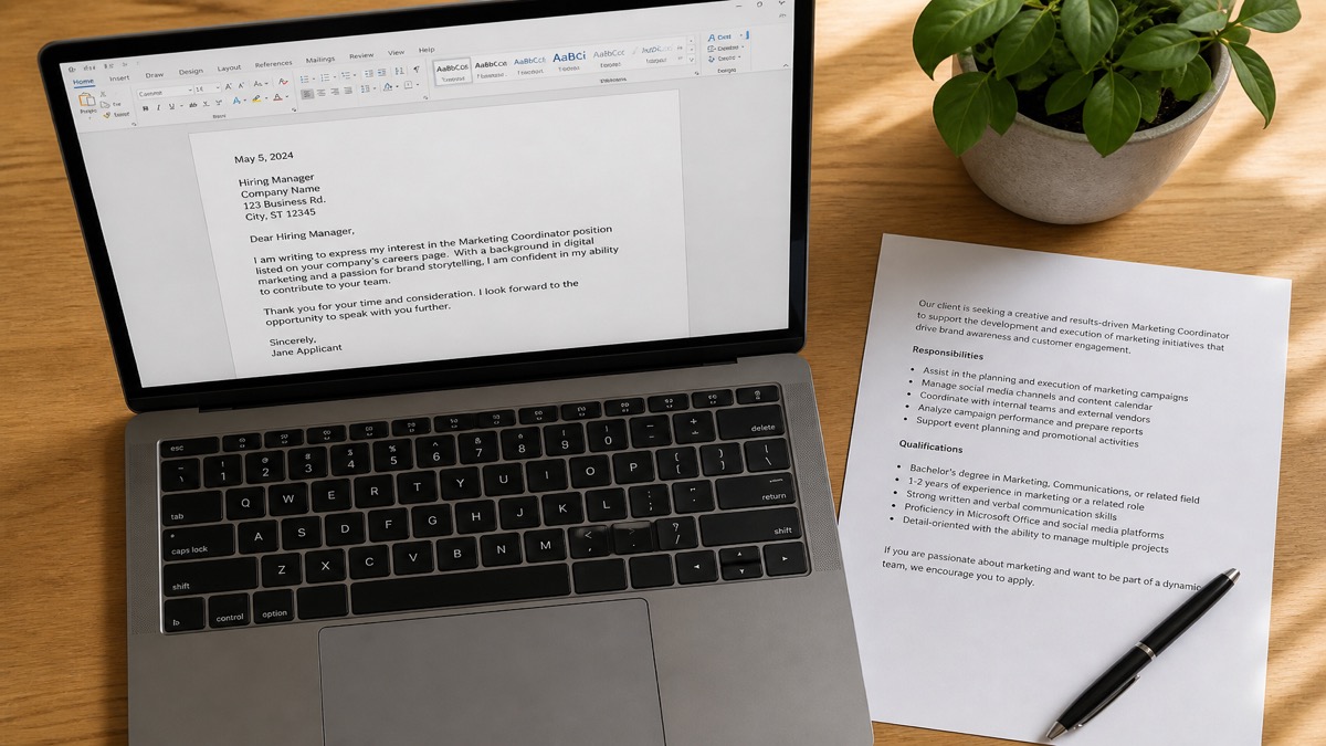 Laptop open to a cover letter draft beside a printed resume and job posting