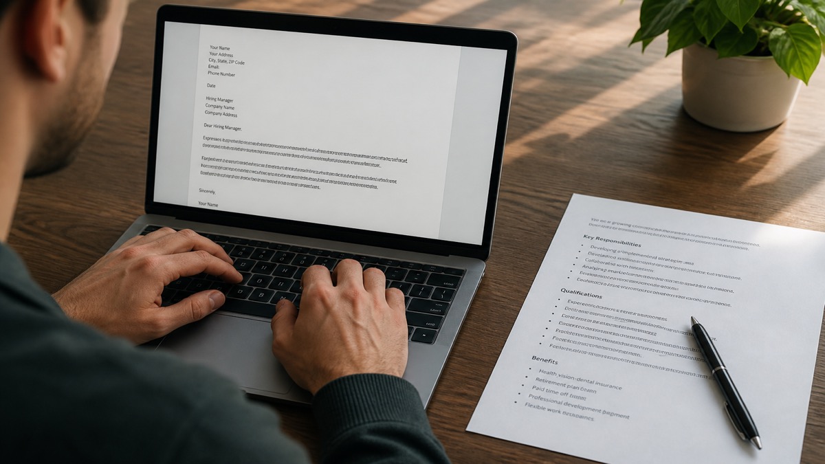 Job seeker drafting a one-page cover letter on a laptop with a printed job posting on the desk