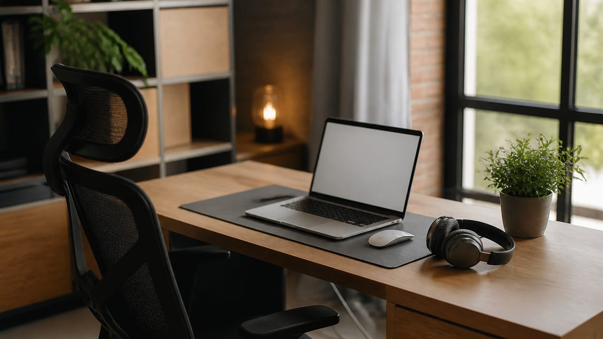 Tidy home office with a wooden desk, ergonomic chair, laptop, and plant