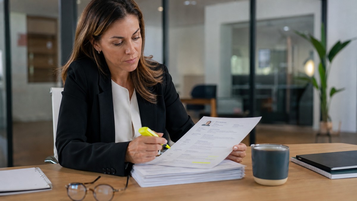 Recruiter reviewing cleanly formatted single-column CV on desk with printed resumes and highlighter