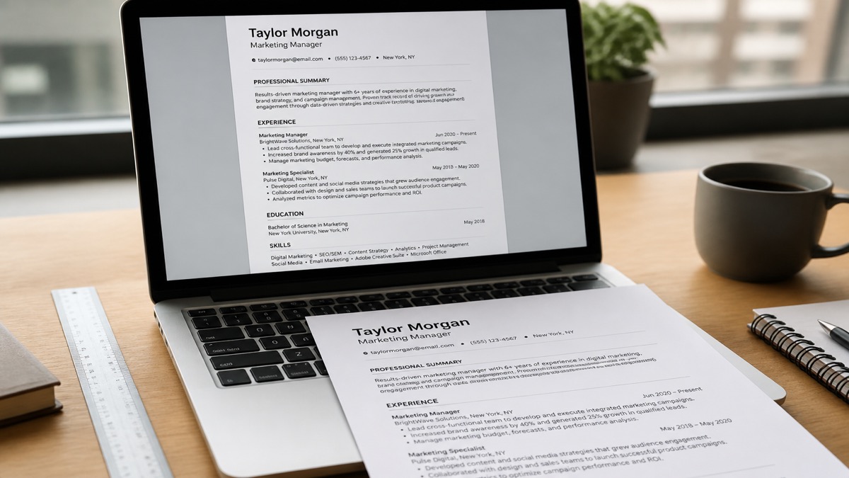 Professional editing a clean single-column CV on a laptop with printed formatting checklist