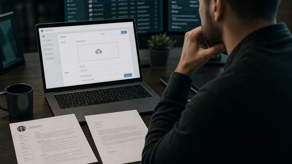 Recruiter desk with a resume, cover letter, and blurred application laptop