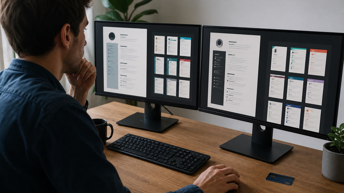 Job seeker comparing free and paid resume builder options on a laptop before uploading to an ATS portal
