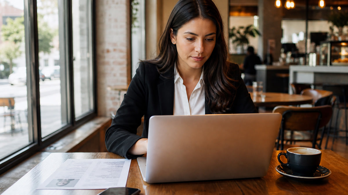 Job seeker reviewing a resume before submitting an online job application on a laptop