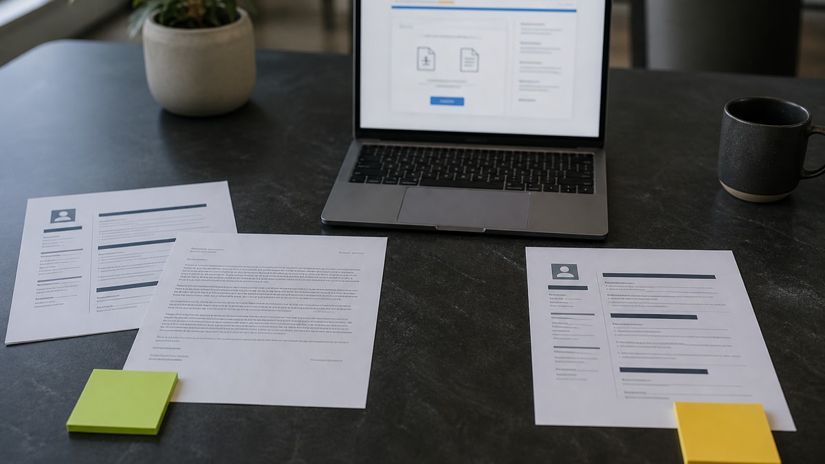 Job seeker at a laptop comparing a resume and cover letter beside a write-or-skip checklist