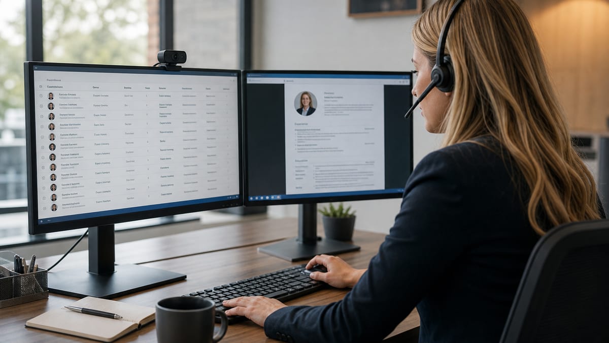 Recruiter at dual monitors reviewing a candidate list and an open resume