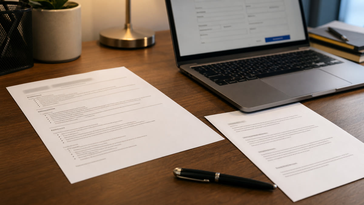 Job seeker preparing a separate reference list beside a one-page US resume on a laptop