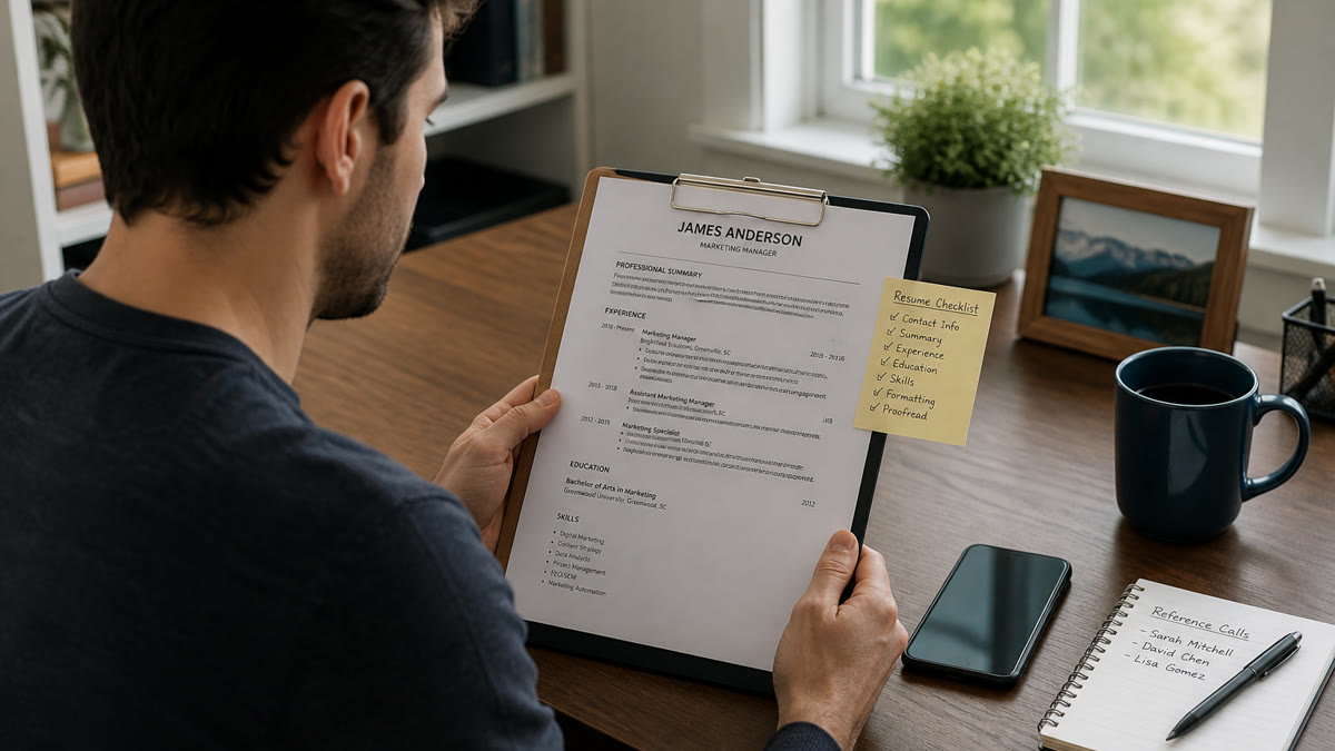 Job seeker reviewing a one-page resume without a references section beside a separate reference list document