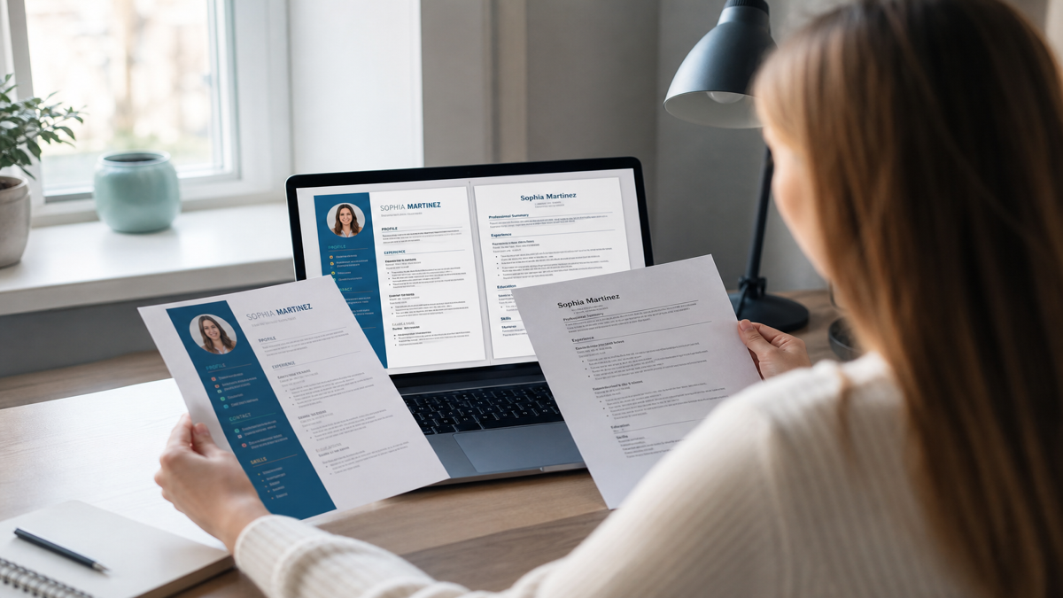 Job seeker comparing a colorful Canva resume layout with a plain single-column ATS-safe document on a laptop