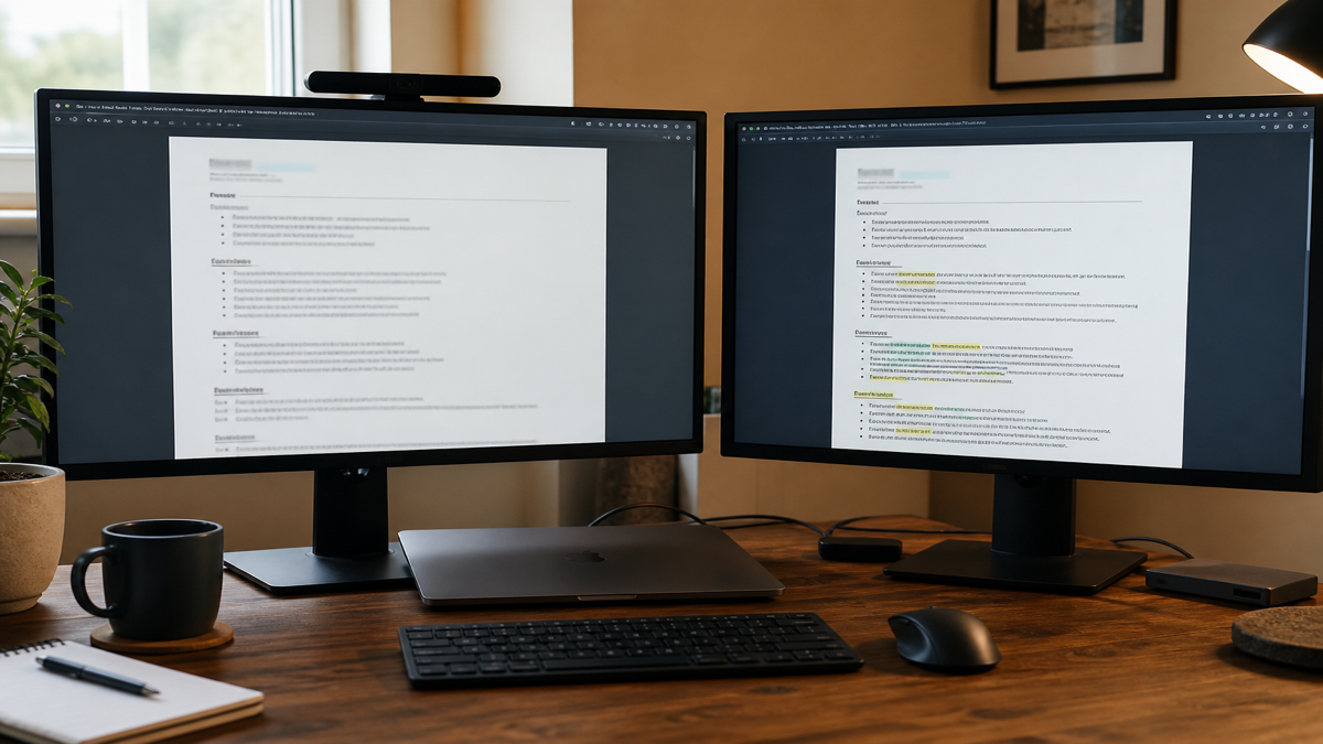 Desk with laptop showing generic AI resume draft beside an edited resume with highlighted metrics