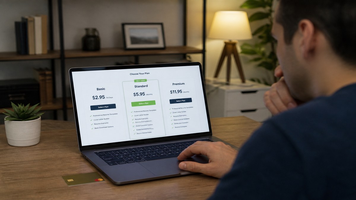 Job seeker reviewing Resume Now pricing tiers on a laptop next to a resume export paywall screen