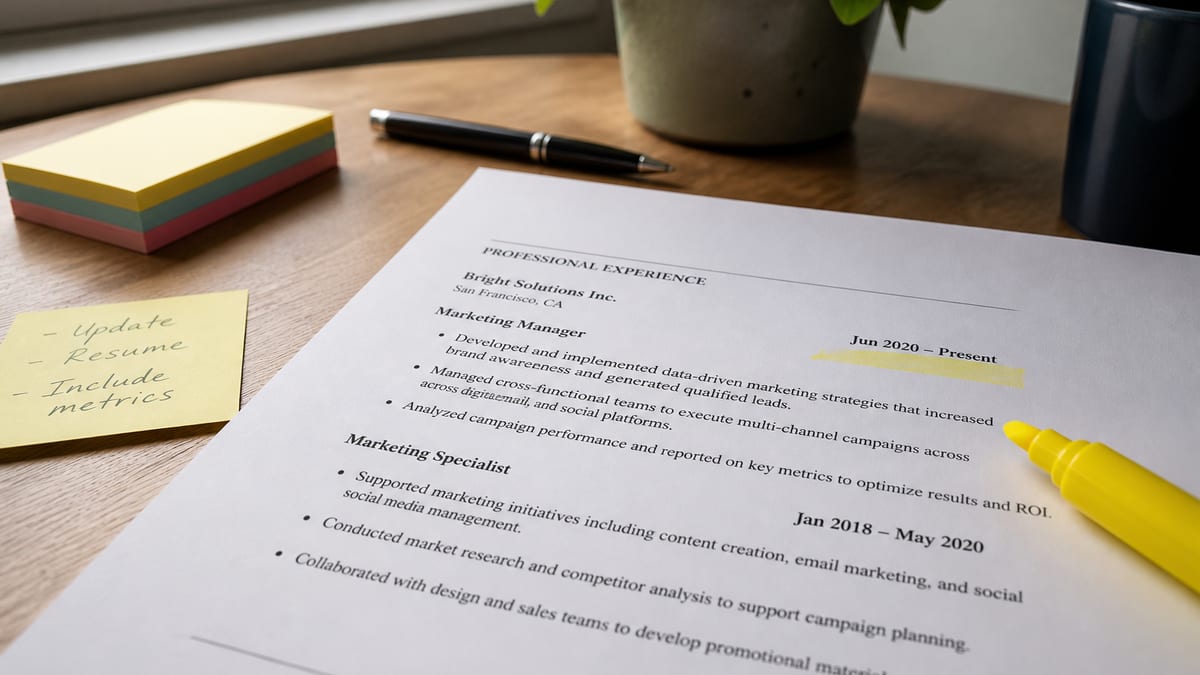 Printed resume with two similar job titles under one company, highlighter on the desk