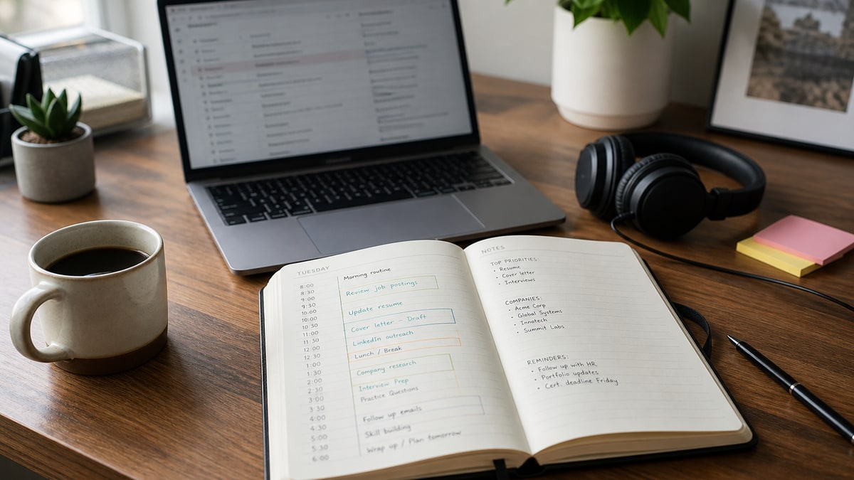 Home office desk with a planner showing time blocks for job applications, networking calls, and interview prep