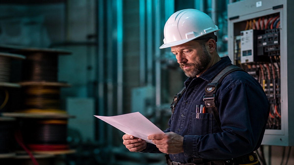 Licensed electrician reviewing a resume beside electrical panel components and NEC code book on a job site desk