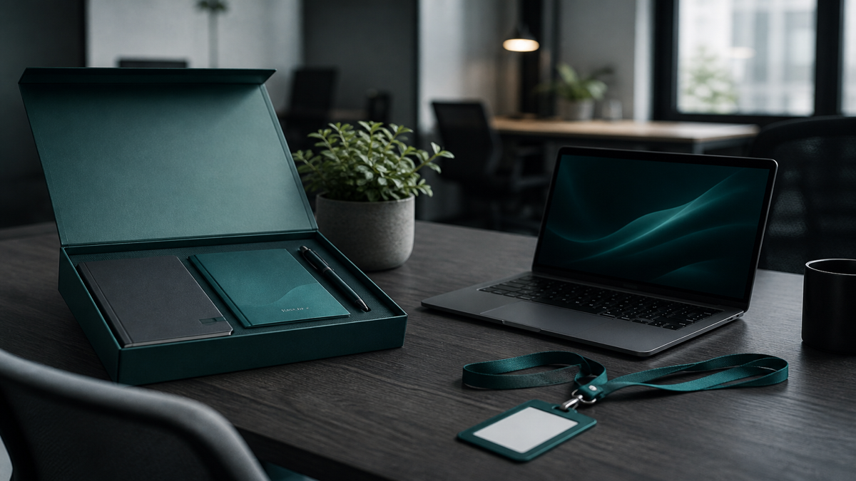 New hire desk with welcome packet laptop and employee badge