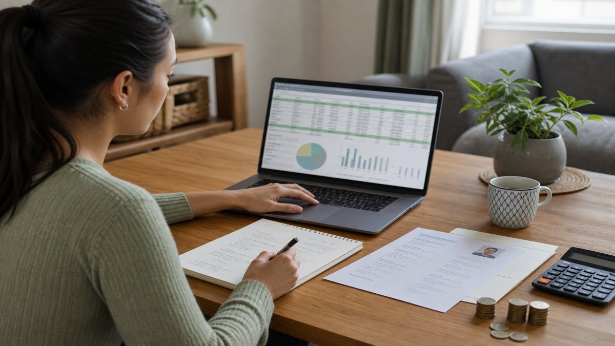 Person reviewing a budget spreadsheet on a laptop beside a printed resume and financial notebook
