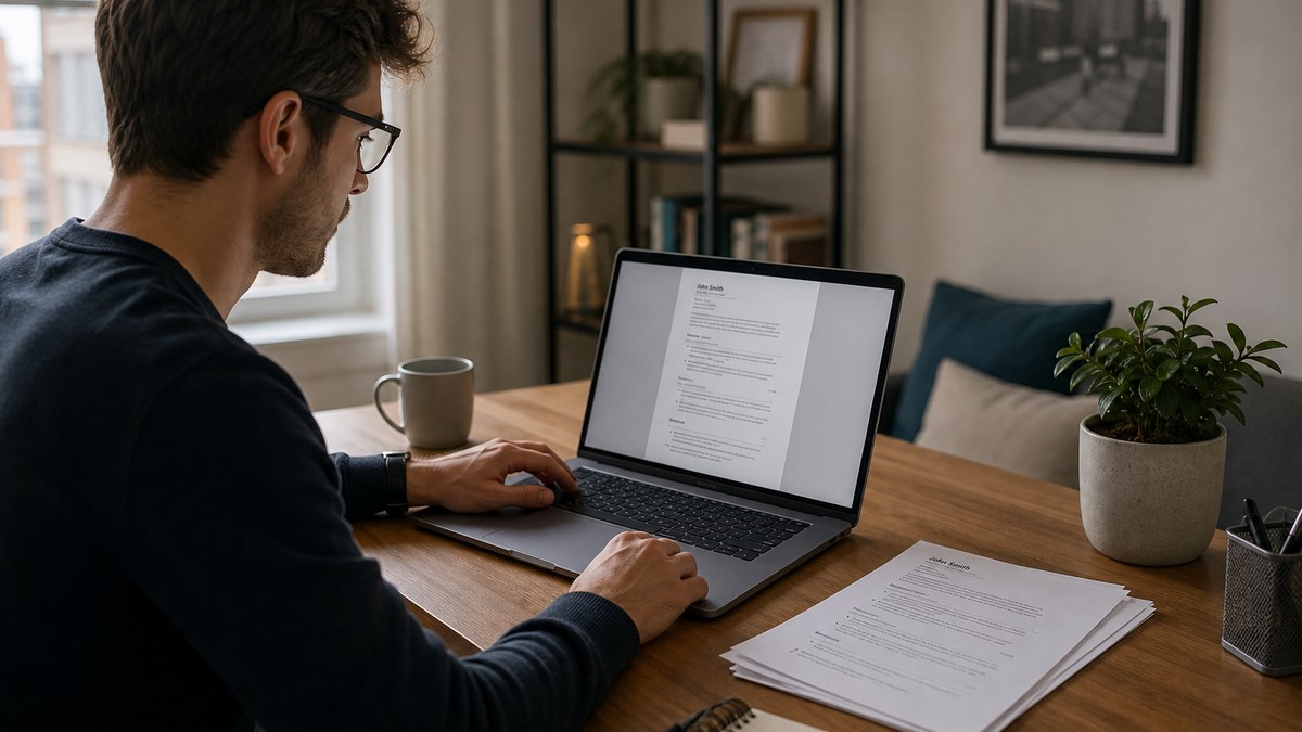 Job seeker editing a single-column Flow CV on laptop before running an ATS resume check
