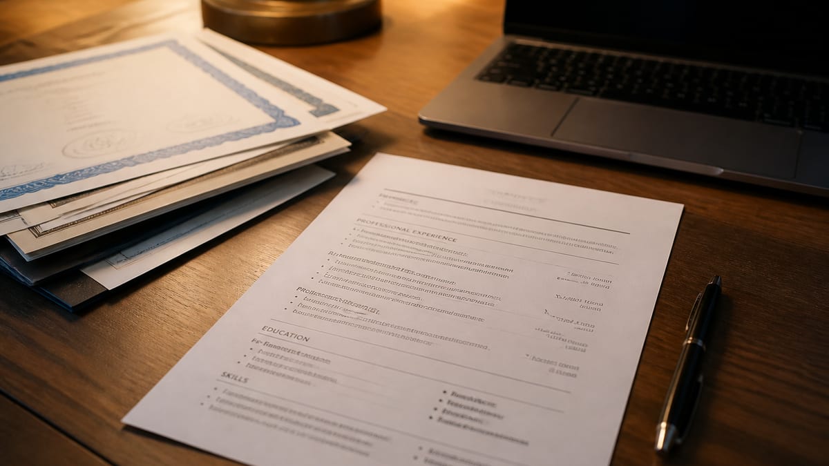 Printed resume beside a stack of professional certificates on a desk
