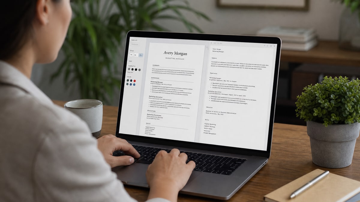FlowCV resume builder interface showing a single-column ATS-safe template next to a parsed text preview from Workday