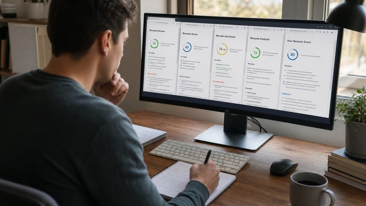 Person comparing several resume checker tabs on a desktop monitor