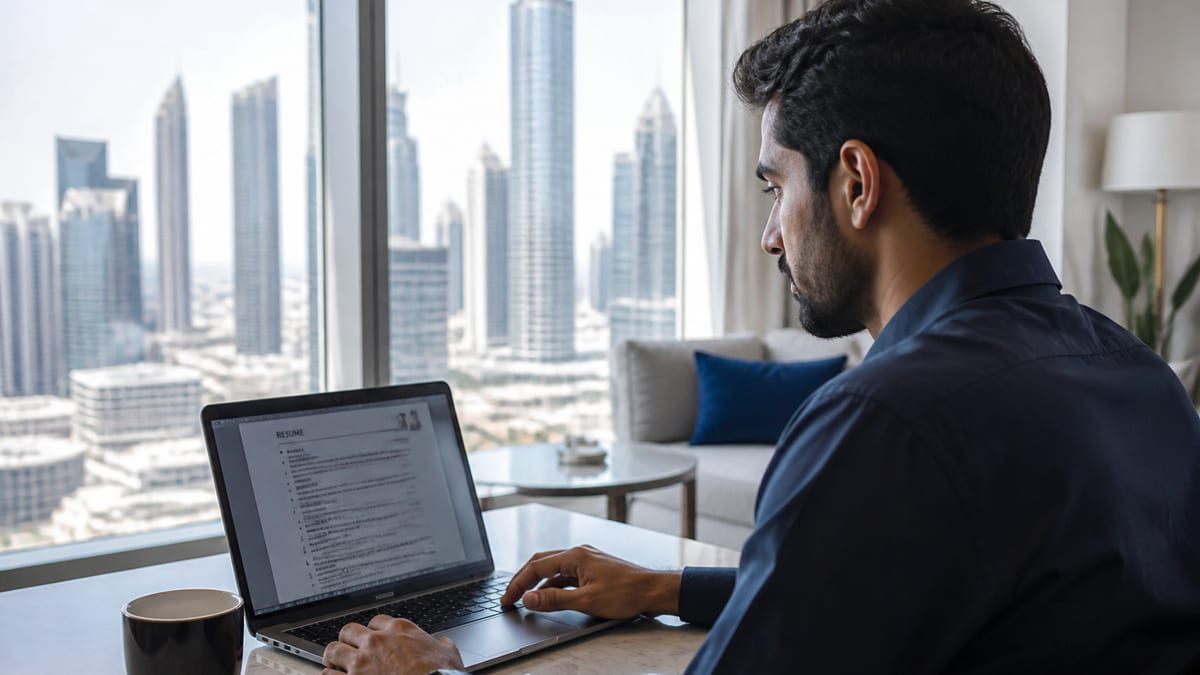 Job seeker reviewing a resume on a laptop with a city skyline in the window