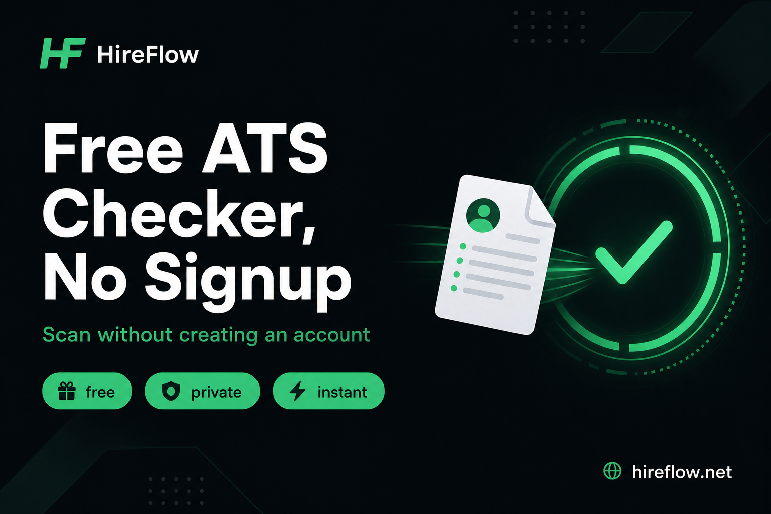 Free ATS checker with no signup — real scan for job seekers on hireflow.net