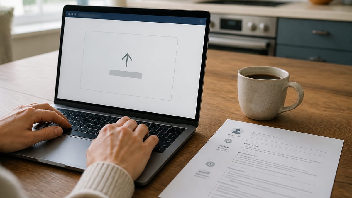 Hands uploading a resume on a laptop at a kitchen table