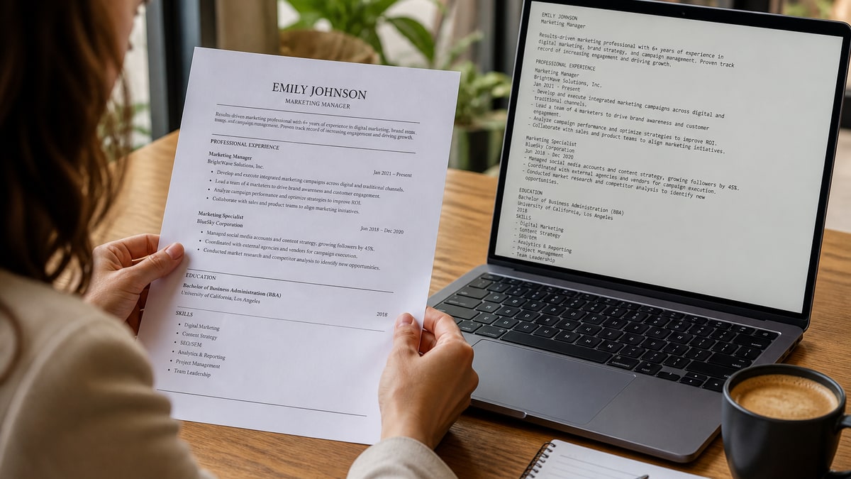 Professional reviewing a printed resume beside a laptop showing ATS text extraction results