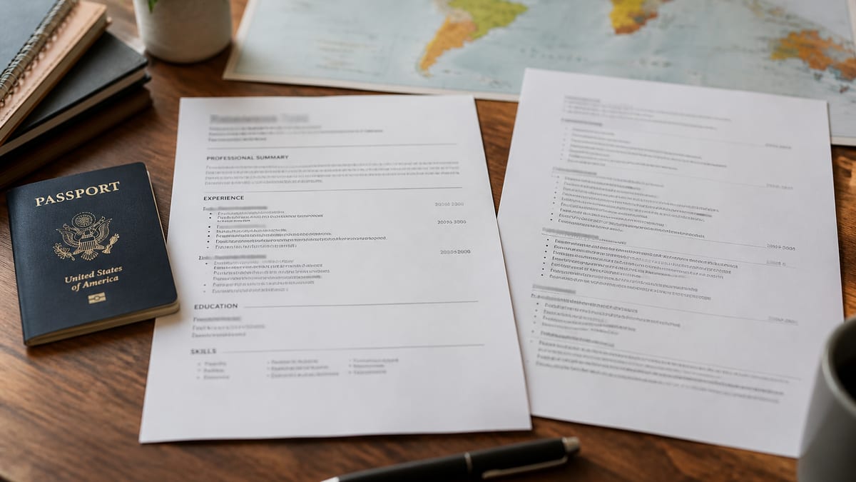 US resume and longer CV side by side with a passport on a desk