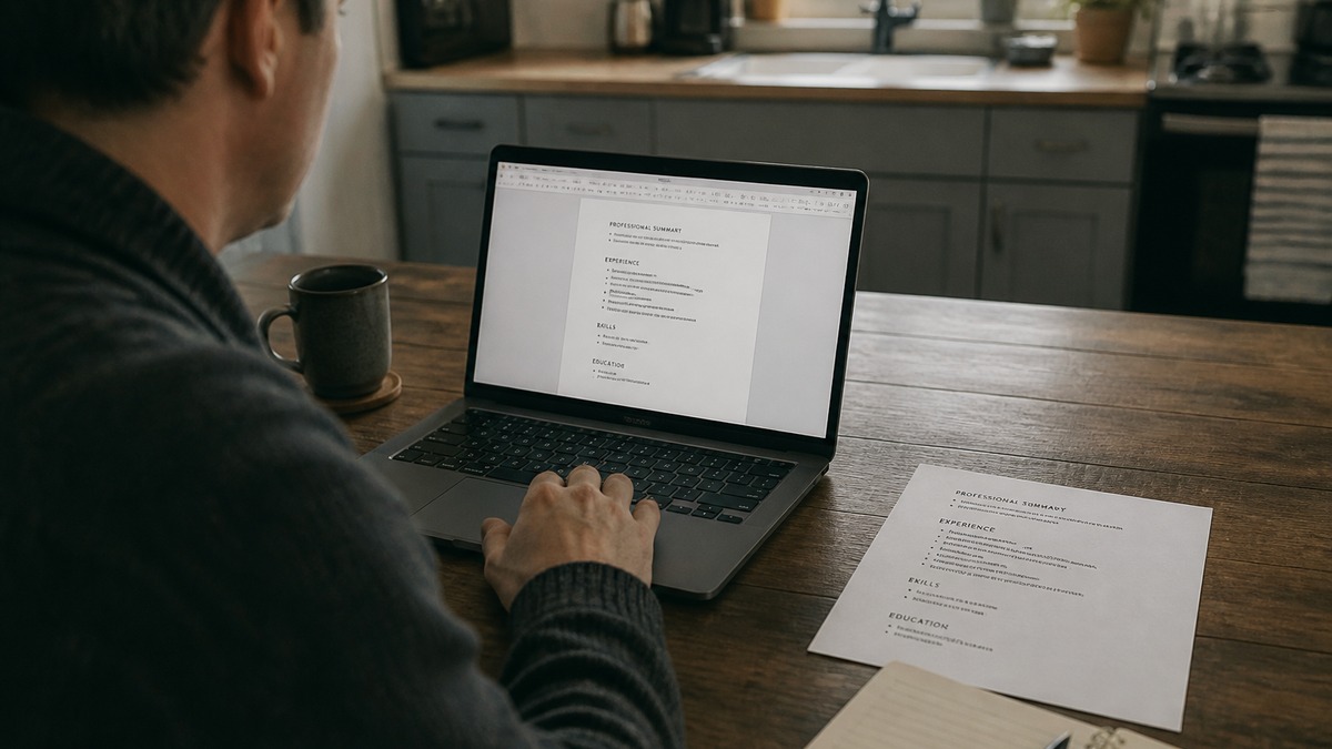 Person building a simple resume on a laptop at a kitchen table, printed ATS-safe one-column page beside coffee