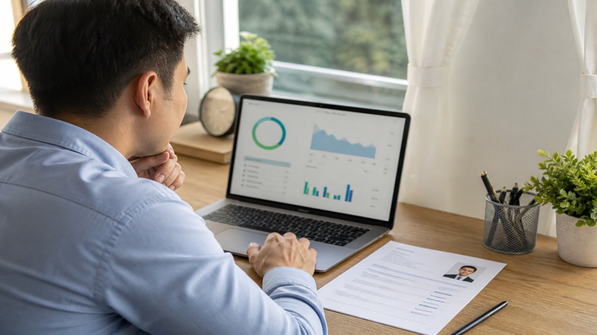 Job seeker using a laptop to check resume ATS compatibility at a home desk