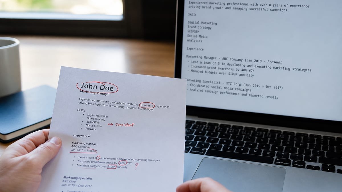 Printed resume marked with a red pen next to a laptop