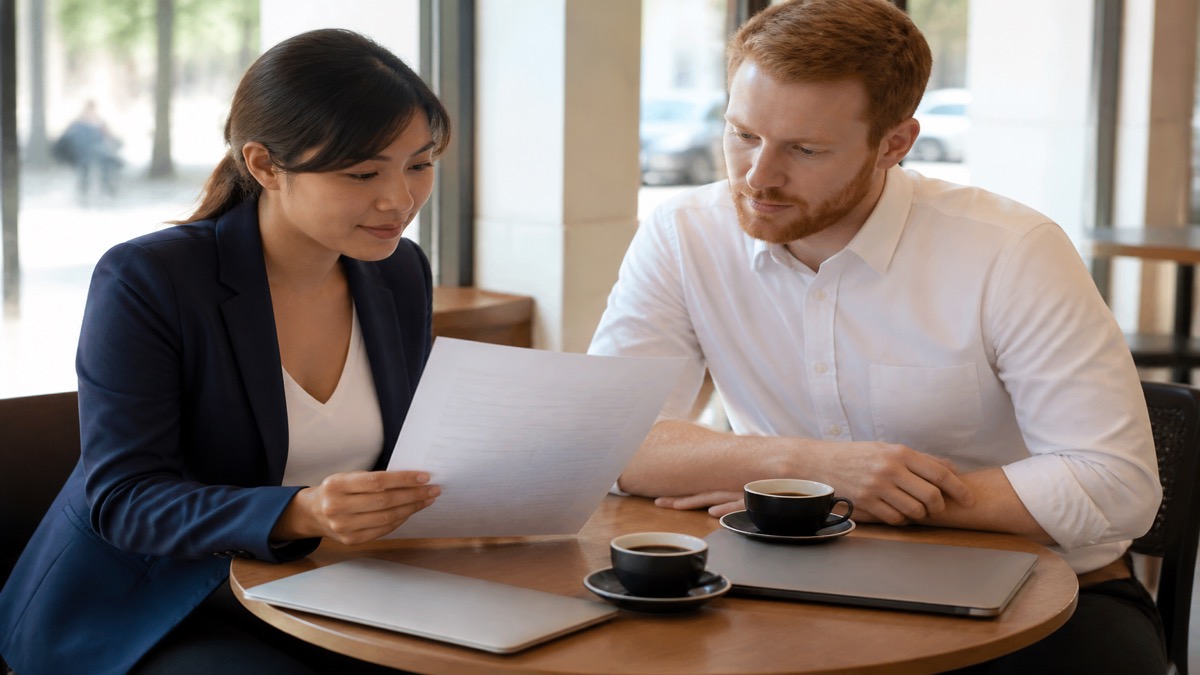 Two colleagues collaborating on free peer resume review for ATS optimization at a shared desk