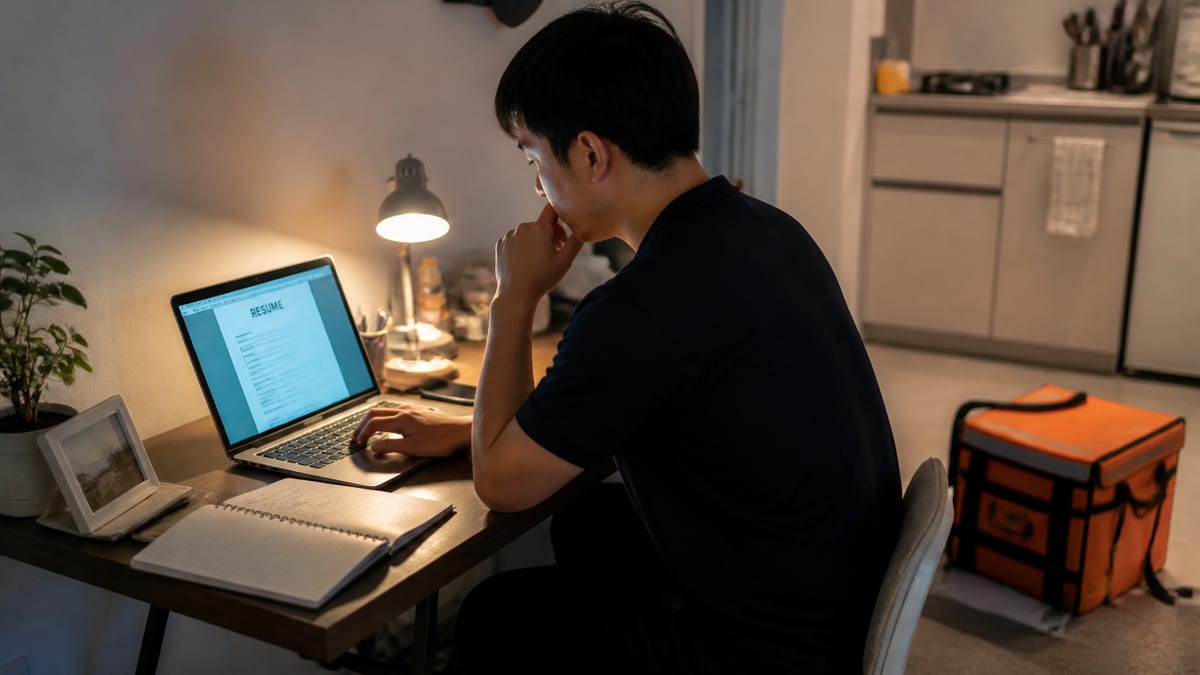Gig worker drafting a resume at a small apartment desk