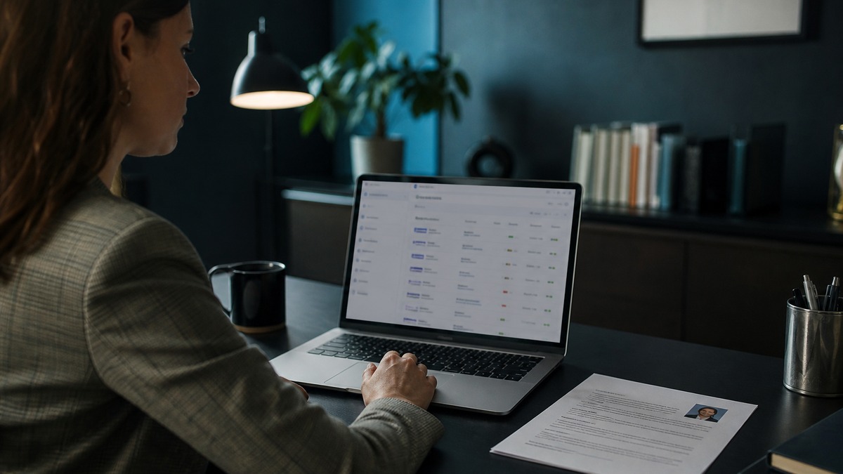 Recruiter reviewing a Greenhouse scorecard on a laptop with a printed resume nearby