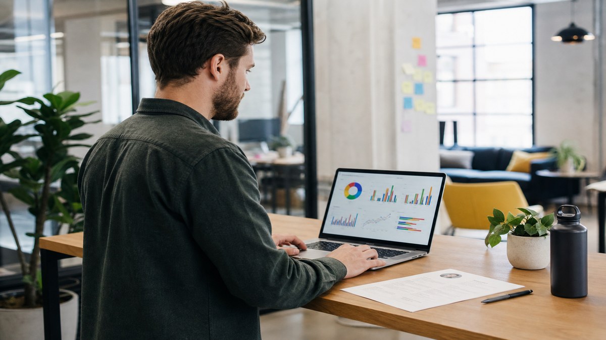 Growth marketer reviewing analytics dashboard and resume bullet examples with impact metrics on a laptop