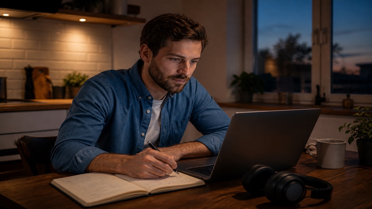 Professional studying a new skill on a laptop after work