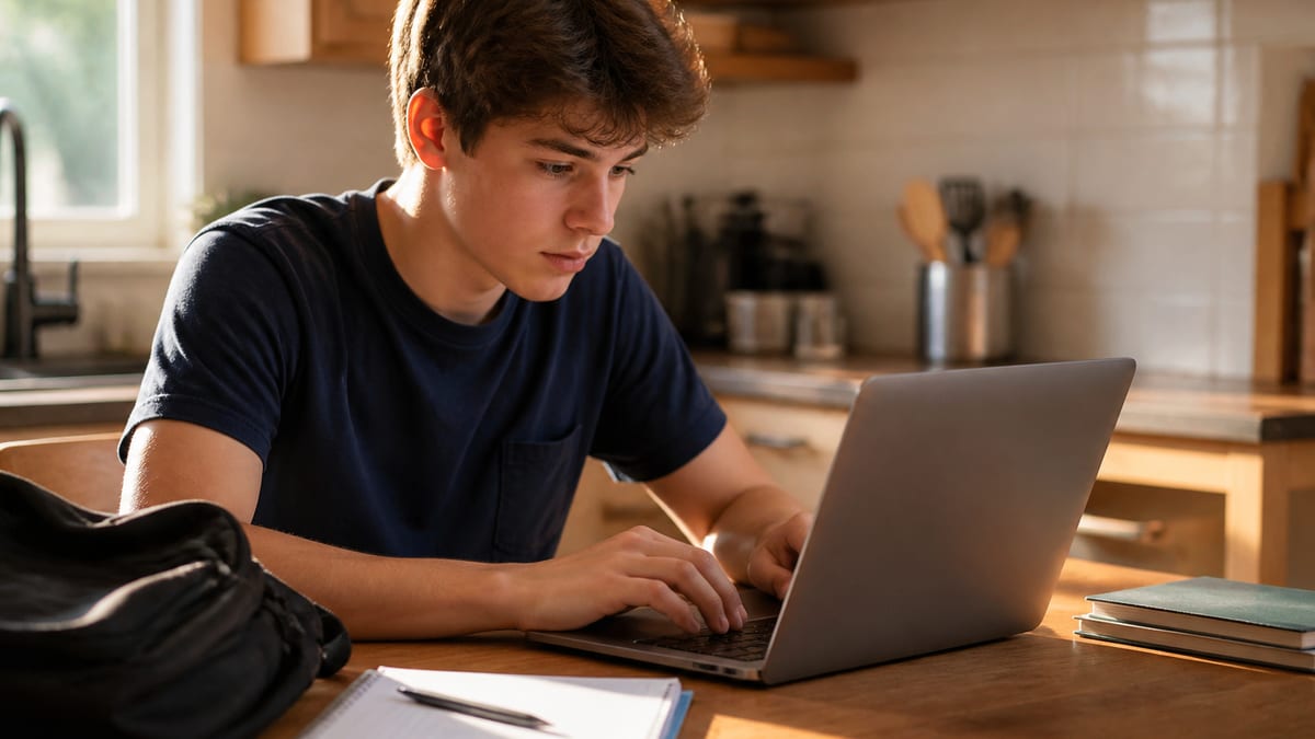 Student writing a first resume at a kitchen table