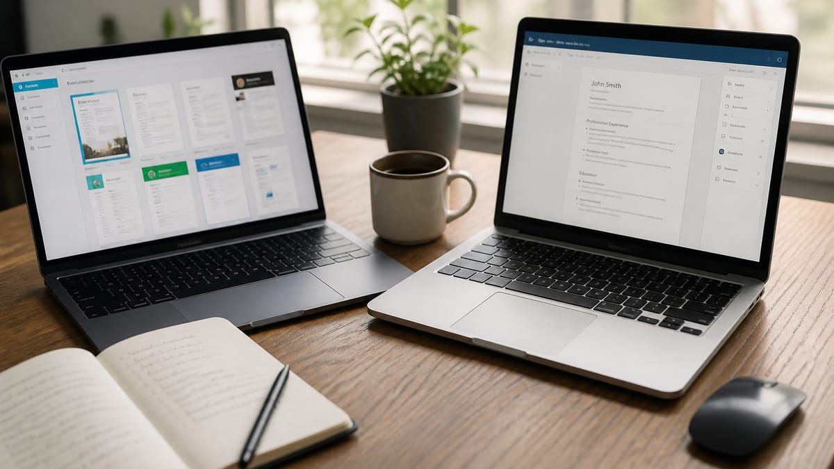 Two laptops on one desk showing different resume checker tools