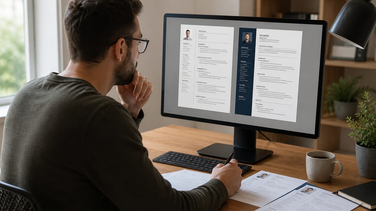 Person comparing two resume builder layouts on a large monitor