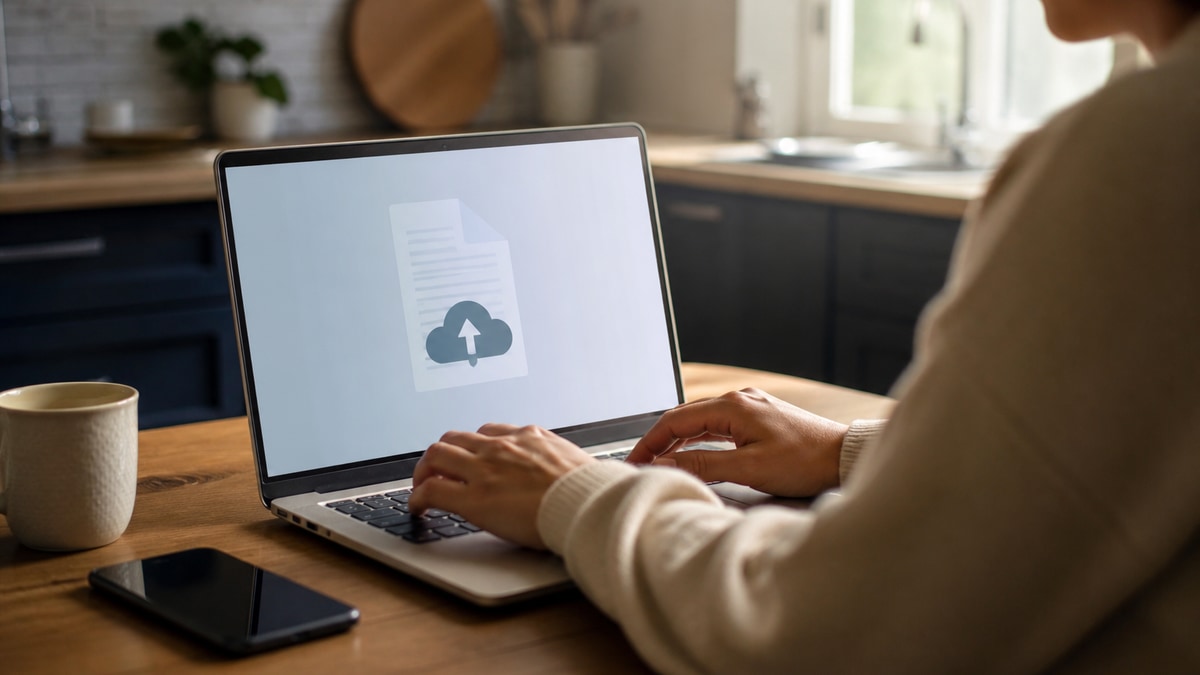 Job seeker uploading resume to AI-powered checker on laptop before job application