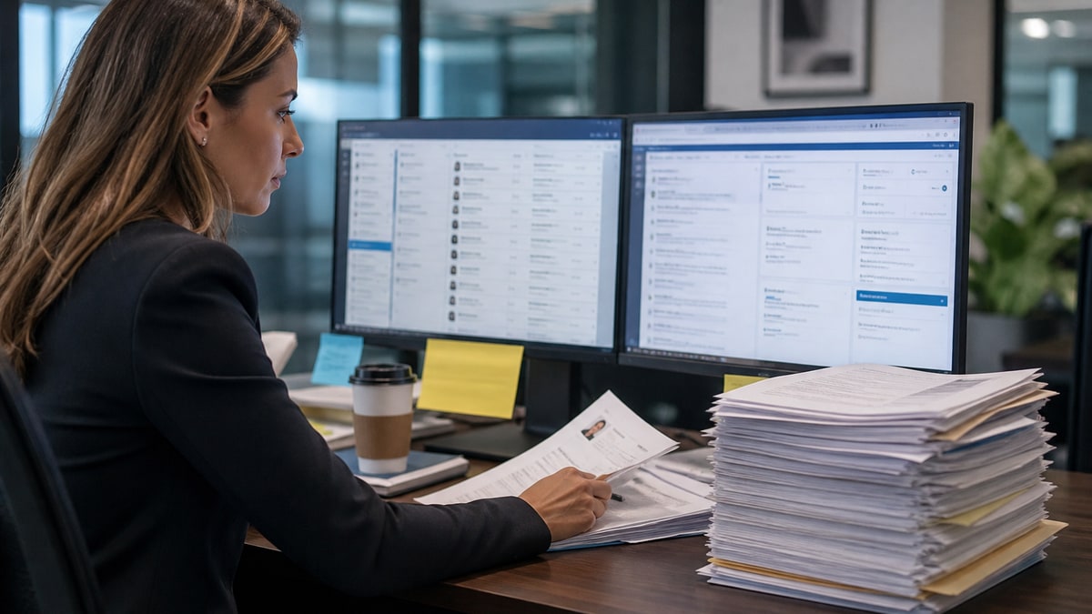 Recruiter reviewing a large stack of job applications on dual monitors in a corporate talent office