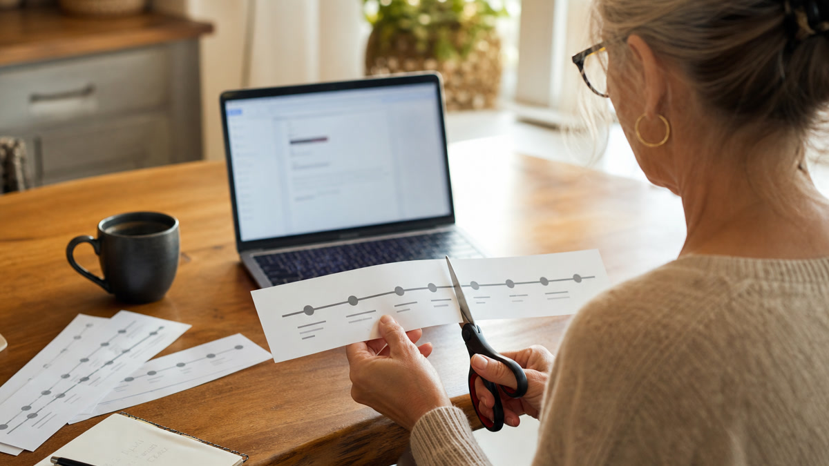 Recruiter reviewing a one-page resume timeline with highlighted recent roles and trimmed older experience