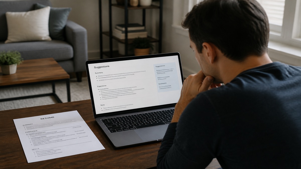 Candidate reviewing AI resume checker suggestions on HireFlow beside an open job application