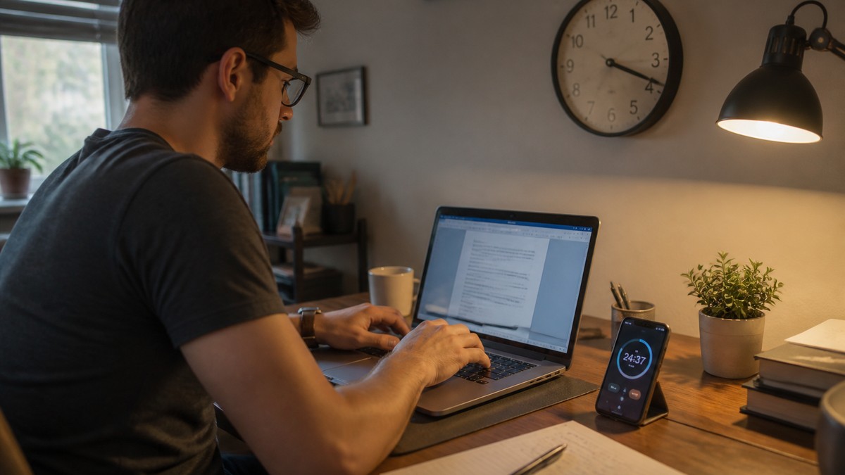 Person tracking resume writing time on a laptop with a timer, draft document, and job posting on screen